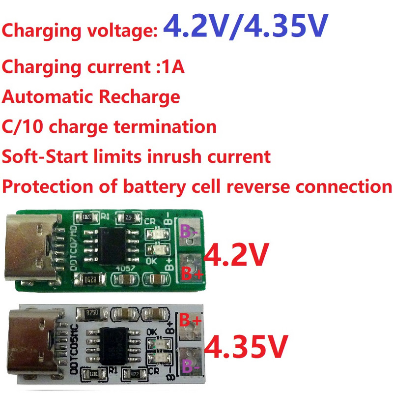 C-tüüpi USB 5 V kuni 4,2 V 4,35 V liitiumioon-Li-Po liitiumaku laadimismoodul 3,7 V 3,8 V 18650 mobiiltelefoni aku jaoks