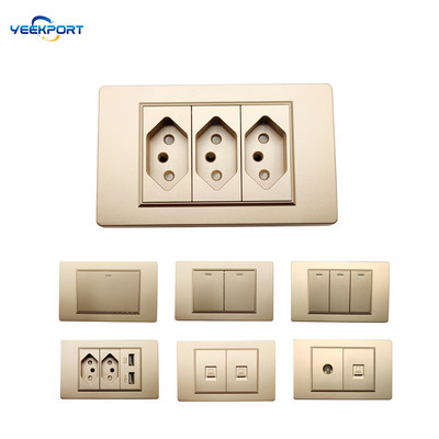 118 mm brazílsky štandard pre domácnosť, 3-cestný zlatý PC spomaľovač horenia, panel 10A, 3-otvorová zástrčka, kombinácia zásuvky a vypínača