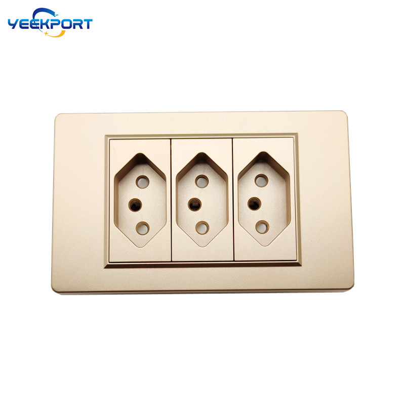 118 mm Brazīlijas mājsaimniecības standarta 3Gang Golden PC liesmu slāpējošais panelis 10 A 3 caurumu barošanas spraudņa sienas kontaktligzdas un slēdža kombinācija