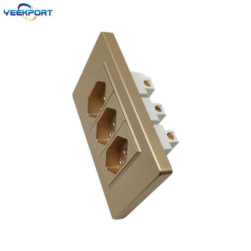 118 mm Brazīlijas mājsaimniecības standarta 3Gang Golden PC liesmu slāpējošais panelis 10 A 3 caurumu barošanas spraudņa sienas kontaktligzdas un slēdža kombinācija
