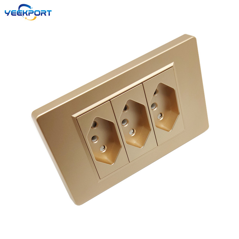 118 mm Brazīlijas mājsaimniecības standarta 3Gang Golden PC liesmu slāpējošais panelis 10 A 3 caurumu barošanas spraudņa sienas kontaktligzdas un slēdža kombinācija