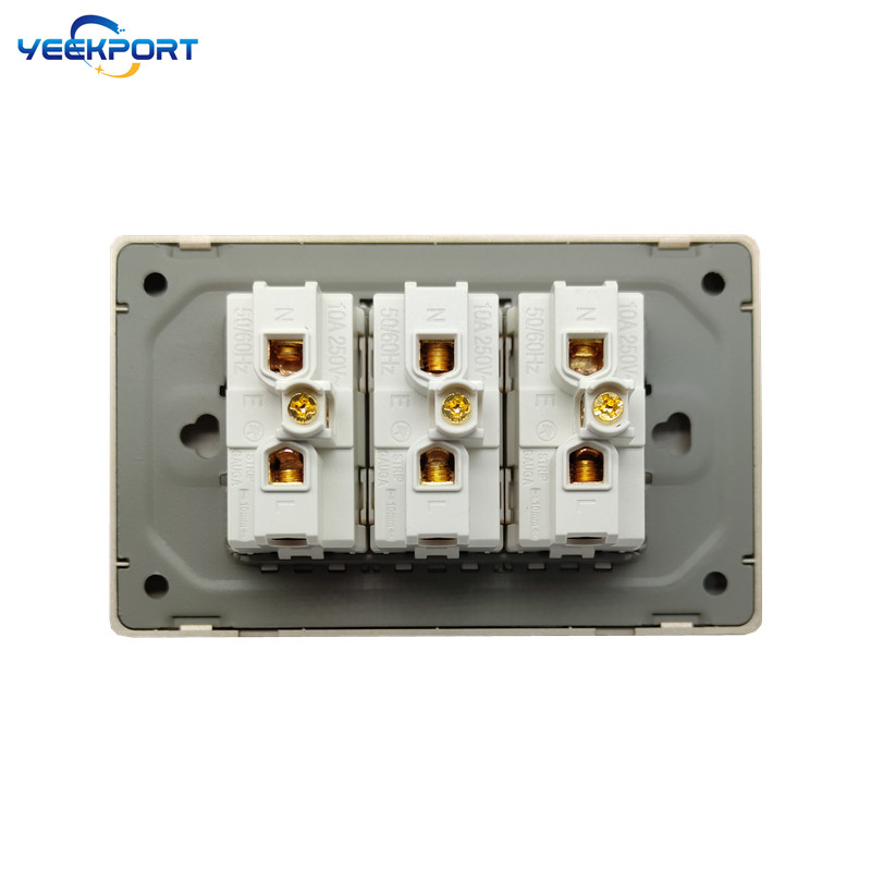118 mm Brazīlijas mājsaimniecības standarta 3Gang Golden PC liesmu slāpējošais panelis 10 A 3 caurumu barošanas spraudņa sienas kontaktligzdas un slēdža kombinācija