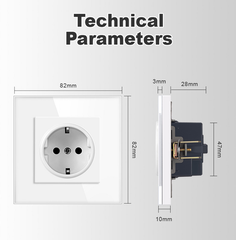 Novski Priză de perete standard european UE Rusia Germania Spania, Negru Alb Gri Cristal Panou, 250V 16A, Priză de perete din sticlă