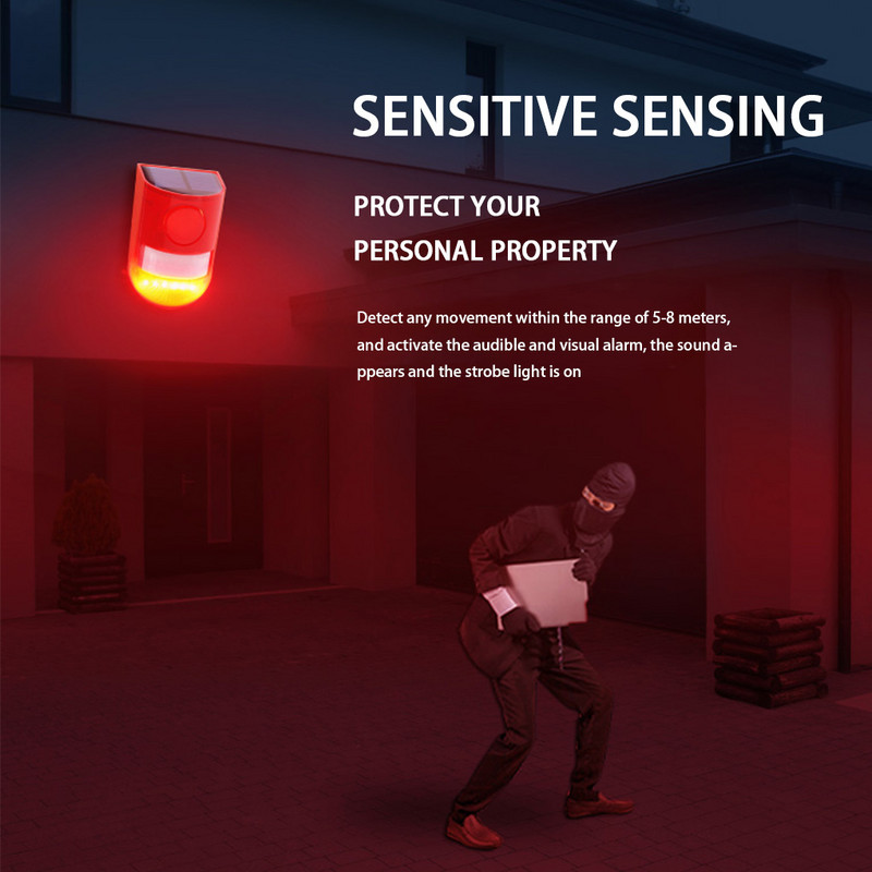 Napenergiával működő riasztó, mozgásérzékelő, újratölthető, vízálló hangfény-biztonsági figyelmeztetés