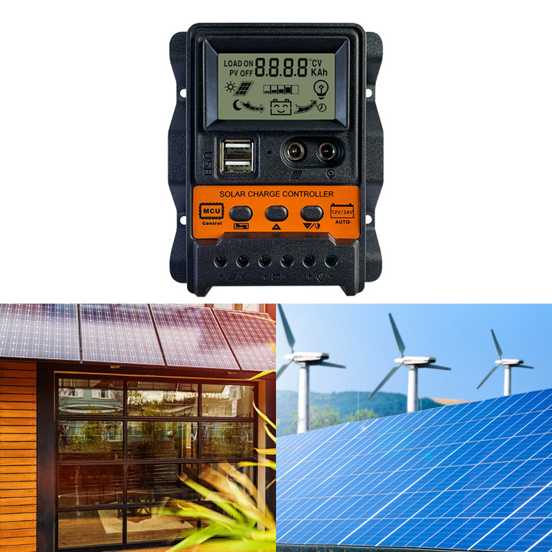 Divkāršs USB saules uzlādes kontrolieris līdzstrāvas strāva 12V 24V 10A 20A 30A LCD displejs saules paneļa PWM lādētāja kontrollera akumulatora regulators