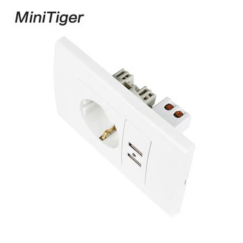 Minitiger Стенен USB щепсел Заземен 16A ЕС стандартен изход с 1000mA двоен USB контакт Порт за зарядно устройство за мобилно устройство 118mm*80mm