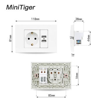 Minitiger Стенен USB щепсел Заземен 16A ЕС стандартен изход с 1000mA двоен USB контакт Порт за зарядно устройство за мобилно устройство 118mm*80mm