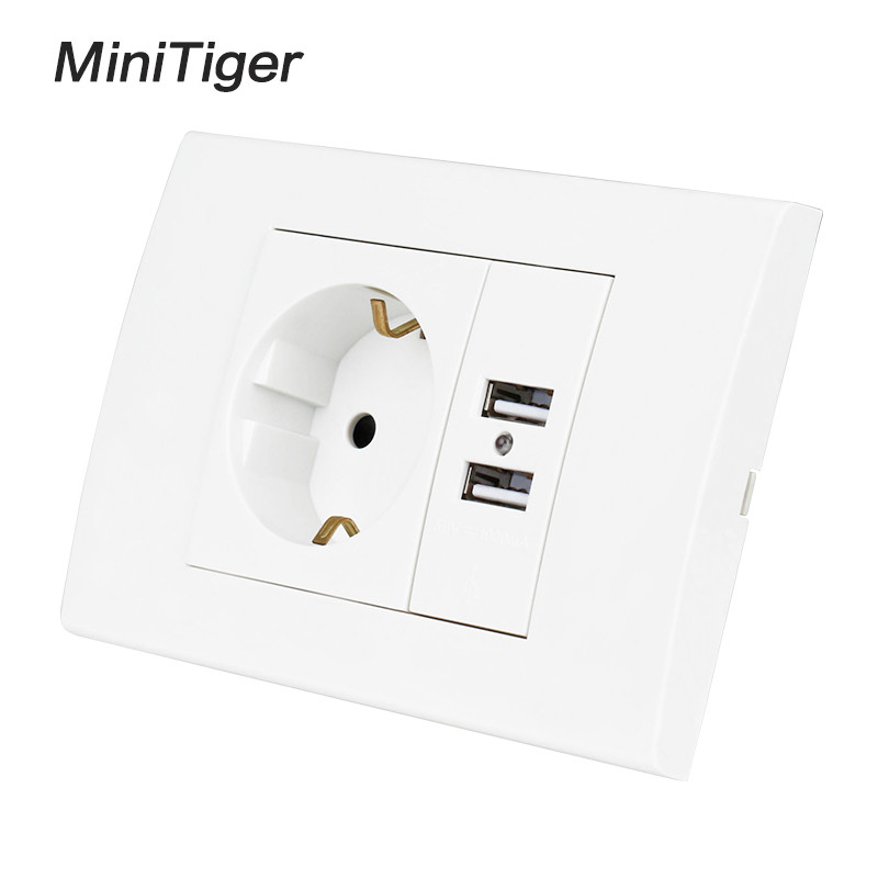 Zásuvka Minitiger do steny s USB, uzemnením, 16A, štandardná zásuvka EÚ, s dvojitým USB portom 1000mA, nabíjací port pre mobil 118 mm * 80 mm
