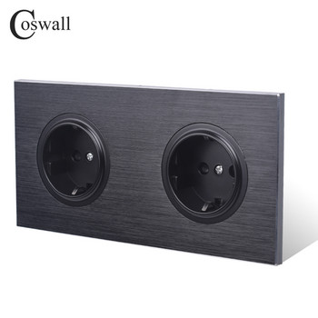 Coswall Brushed Black / Ασημί γκρι μεταλλικό πάνελ αλουμινίου Διπλή πρίζα τοίχου ΕΕ Ρωσίας γείωση με παιδική προστατευτική πόρτα