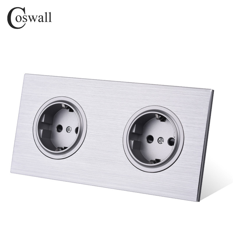 Coswall matēts melns/sudrabaini pelēks alumīnija metāla panelis dubultā EU Russia sienas rozete, iezemēta ar bērnu aizsargdurvīm