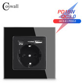 COSWALL üveglap EU Oroszország fali konnektor földelve, 18 W-os Type-A & C dupla USB gyorstöltővel