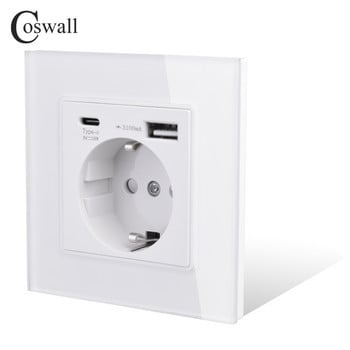 Стенен захранващ контакт COSWALL Glass Panel EU Russia, заземен с 18W Type-A & C двойно USB бързо зарядно