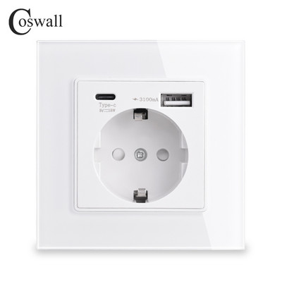 COSWALL üveglap EU Oroszország fali konnektor földelve, 18 W-os Type-A & C dupla USB gyorstöltővel