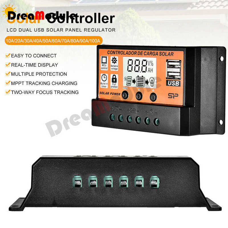 100A päikeseenergia laadimiskontroller päikesepaneeli kontroller 12V/24V reguleeritav LCD-ekraan päikesepaneeli aku regulaator USB-pordiga