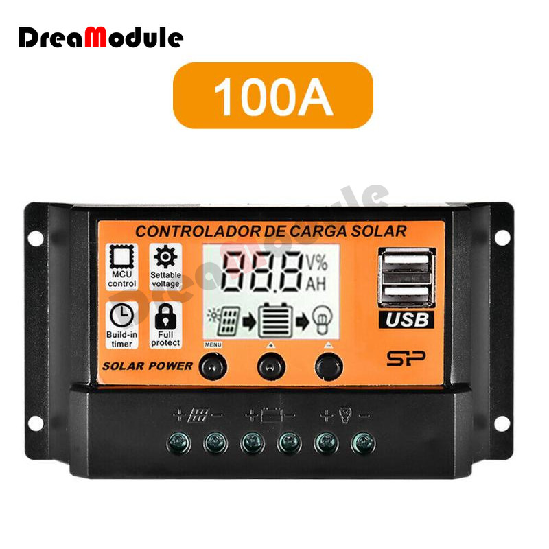 100A päikeseenergia laadimiskontroller päikesepaneeli kontroller 12V/24V reguleeritav LCD-ekraan päikesepaneeli aku regulaator USB-pordiga