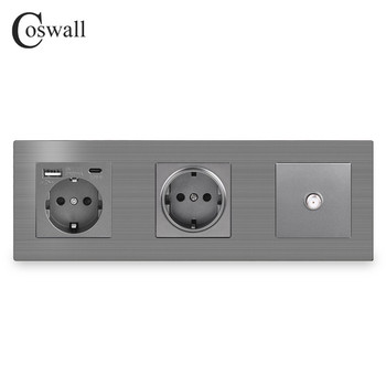 Σειρά COSWALL L1 Γκρι βουρτσισμένο πάνελ αλουμινίου Γκρι διακόπτης τοίχου Υποδοχή ΕΕ Φορτιστής USB συμβατή με HDMI Τηλεόραση RJ45 Modules DIY