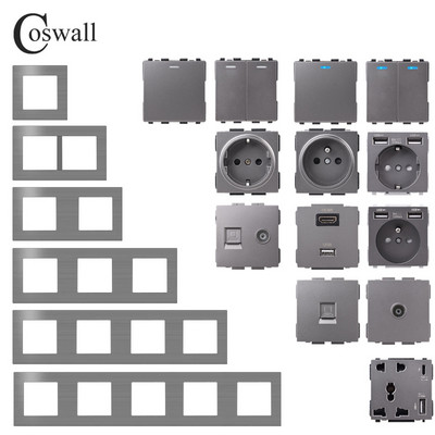 COSWALL L1 serijos pilkas šlifuotas aliuminio skydelis pilkas sieninis jungiklis EU lizdas su HDMI suderinamas USB įkroviklis TV RJ45 moduliai „pasidaryk pats“