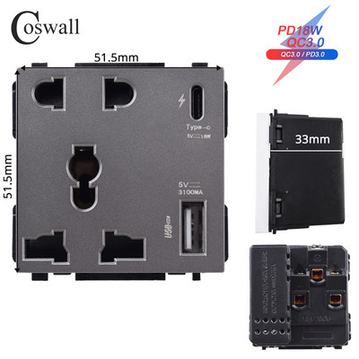 COSWALL L1 sērijas pelēks matēts alumīnija panelis pelēks sienas slēdzis ES ligzda HDMI saderīgs USB lādētājs TV RJ45 moduļi DIY