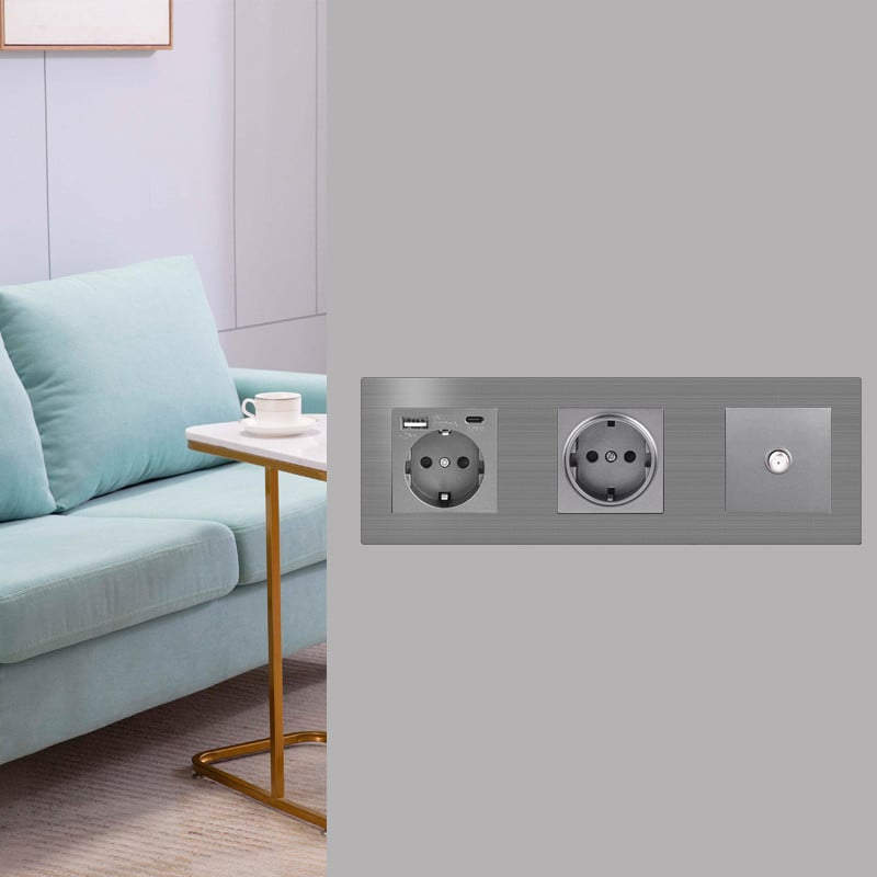 COSWALL L1 sērijas pelēks matēts alumīnija panelis pelēks sienas slēdzis ES ligzda HDMI saderīgs USB lādētājs TV RJ45 moduļi DIY