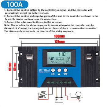30/40/50/60/100A Ελεγκτής ηλιακής φόρτισης MPPT Διπλή οθόνη USB LCD 12V/24V Ρυθμιστής φορτιστή πάνελ αυτόματης ηλιακής κυψέλης με φορτίο