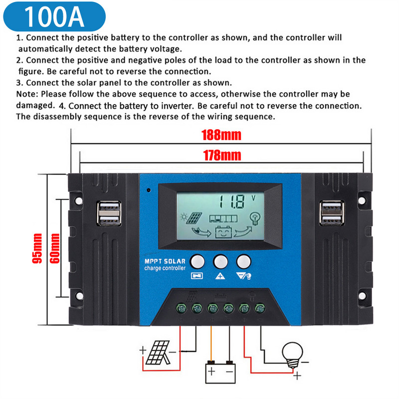 Regulator de încărcare solar MPPT 30/40/50/60/100A Afișaj LCD dublu USB 12V/24V Regulator de încărcare cu panou solar automat cu încărcare