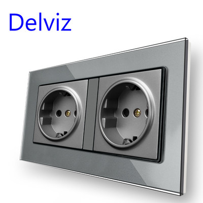 Delviz 16A štandardná zásuvka EÚ, dvojitá zásuvka AC 110V~250V, panel z tvrdeného krištáľového skla 146mm*86mm, vstavaná zásuvka do steny