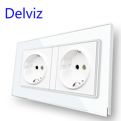 Delviz 16A štandardná zásuvka EÚ, dvojitá zásuvka AC 110V~250V, panel z tvrdeného krištáľového skla 146mm*86mm, vstavaná zásuvka do steny