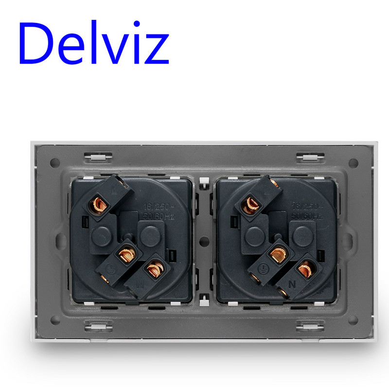 Delviz 16A štandardná zásuvka EÚ, dvojitá zásuvka AC 110V~250V, panel z tvrdeného krištáľového skla 146mm*86mm, vstavaná zásuvka do steny