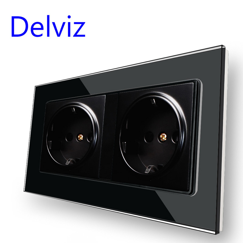 Delviz 16A štandardná zásuvka EÚ, dvojitá zásuvka AC 110V~250V, panel z tvrdeného krištáľového skla 146mm*86mm, vstavaná zásuvka do steny