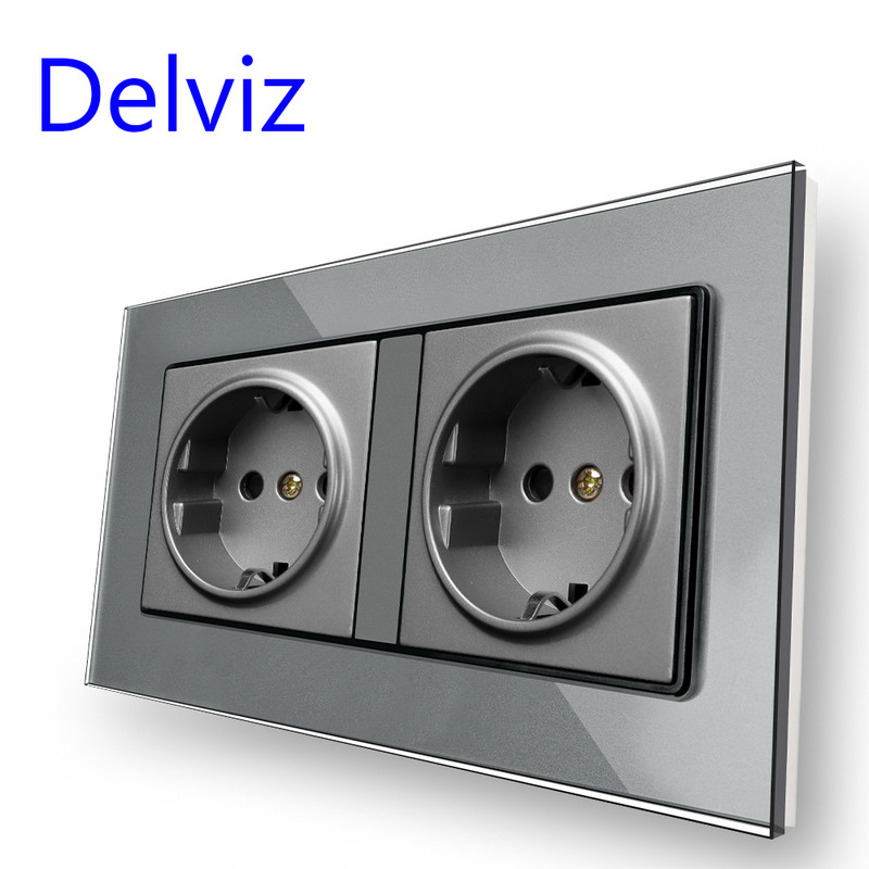 Delviz 16A štandardná zásuvka EÚ, dvojitá zásuvka AC 110V~250V, panel z tvrdeného krištáľového skla 146mm*86mm, vstavaná zásuvka do steny