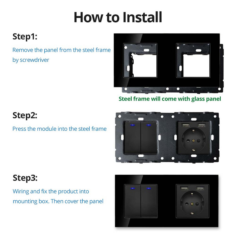 Wallpad Panou din sticlă neagră Comutator de lumină de perete Tasta funcție Doar DIY Combinație gratuită 52*52mm 1 2 3 4 5 Cadru multiplu
