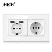JHJCH Falra szerelhető üvegpanel 16A konnektor, EU szabvány több csatlakozó, 2 USB töltőporttal, rejtett LED jelző