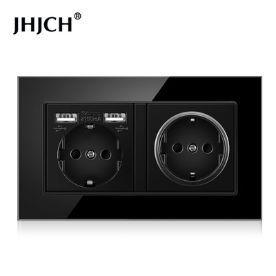 JHJCH Falra szerelhető üvegpanel 16A konnektor, EU szabvány több csatlakozó, 2 USB töltőporttal, rejtett LED jelző