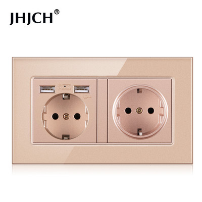 JHJCH Falra szerelhető üvegpanel 16A konnektor, EU szabvány több csatlakozó, 2 USB töltőporttal, rejtett LED jelző