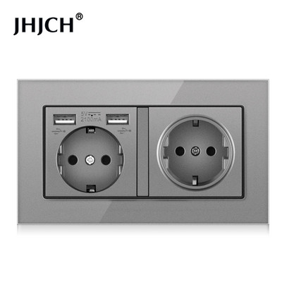 JHJCH Falra szerelhető üvegpanel 16A konnektor, EU szabvány több csatlakozó, 2 USB töltőporttal, rejtett LED jelző