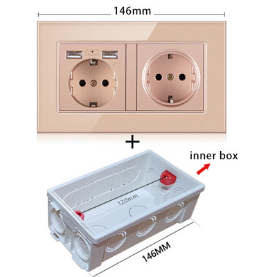JHJCH Falra szerelhető üvegpanel 16A konnektor, EU szabvány több csatlakozó, 2 USB töltőporttal, rejtett LED jelző