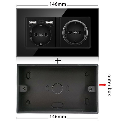 JHJCH Falra szerelhető üvegpanel 16A konnektor, EU szabvány több csatlakozó, 2 USB töltőporttal, rejtett LED jelző