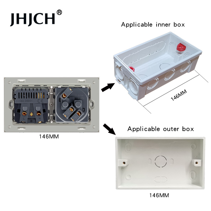 JHJCH Falra szerelhető üvegpanel 16A konnektor, EU szabvány több csatlakozó, 2 USB töltőporttal, rejtett LED jelző