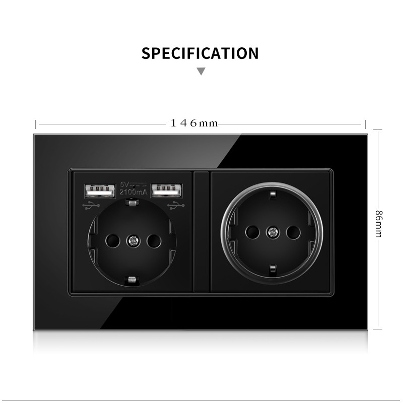 JHJCH Falra szerelhető üvegpanel 16A konnektor, EU szabvány több csatlakozó, 2 USB töltőporttal, rejtett LED jelző