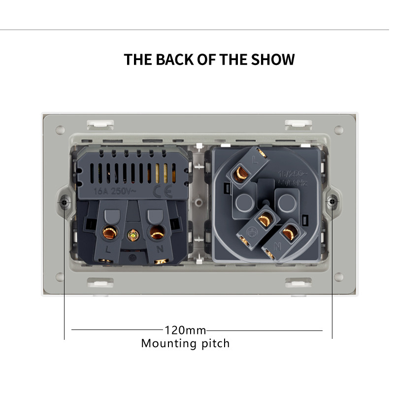 JHJCH Falra szerelhető üvegpanel 16A konnektor, EU szabvány több csatlakozó, 2 USB töltőporttal, rejtett LED jelző