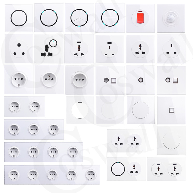 Coswall Crystal tvrdené sklo, panel z čistého skla, 16A, dvojitá štandardná zásuvka EÚ, uzemnená s detskou poistkou, typ 146