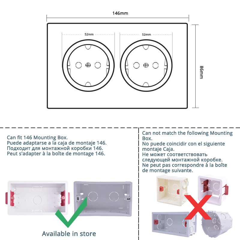 Coswall Crystal tvrdené sklo, panel z čistého skla, 16A, dvojitá štandardná zásuvka EÚ, uzemnená s detskou poistkou, typ 146
