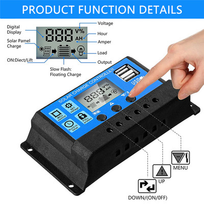 10A 20A 30A PWM solarni regulator punjenja 12V/24V solarni regulator USB 5V panel regulator baterije inteligentni LCD zaslon