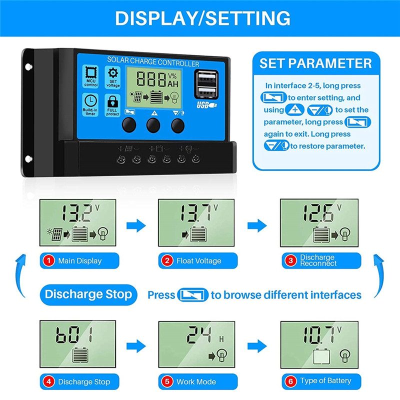 10A 20A 30A PWM päikeseenergia laadimise kontroller 12V/24V päikeseenergia regulaator USB 5V paneel akuregulaator intelligentne LCD ekraan