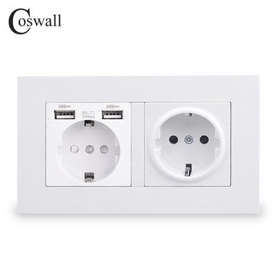COSWALL 2 Gang Rusija Španjolska EU standardna zidna utičnica s 2 USB priključka za punjenje Skriveni mekani LED indikator PC ploča Crno Bijelo Sivo