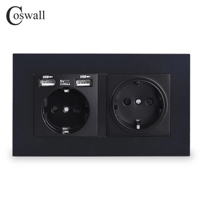 COSWALL 2 Gang Rusia Spania Priză de perete standard UE cu 2 porturi de încărcare USB Indicator LED moale ascuns Panou PC Negru Alb Gri