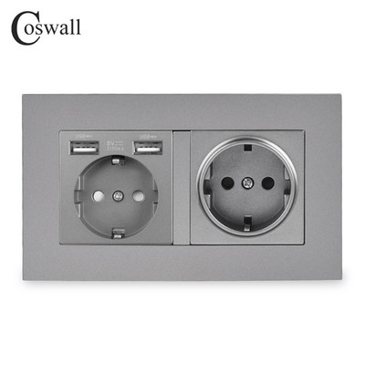 COSWALL 2 Gang Rusia Spania Priză de perete standard UE cu 2 porturi de încărcare USB Indicator LED moale ascuns Panou PC Negru Alb Gri