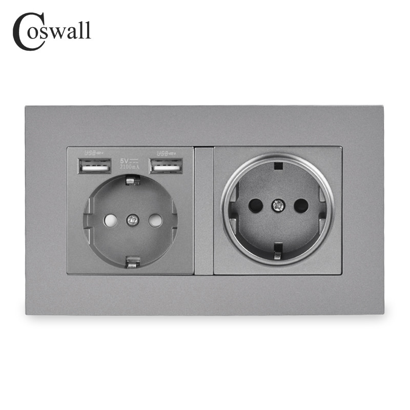 COSWALL 2 Gang Rusia Spania Priză de perete standard UE cu 2 porturi de încărcare USB Indicator LED moale ascuns Panou PC Negru Alb Gri