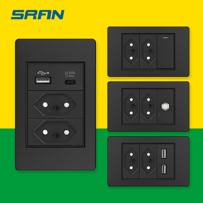 Aljzat Brazil szabvány Socket usb típusú c fal, 118mm*72mm fekete PC égésgátló panel 220V 10a 20a aljzat