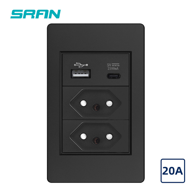 Pistikupesa Brasiilia standard Pistikupesa usb tüüpi c sein, 118mm * 72mm Must PC leegiaeglustav paneel 220V 10a 20a pesa